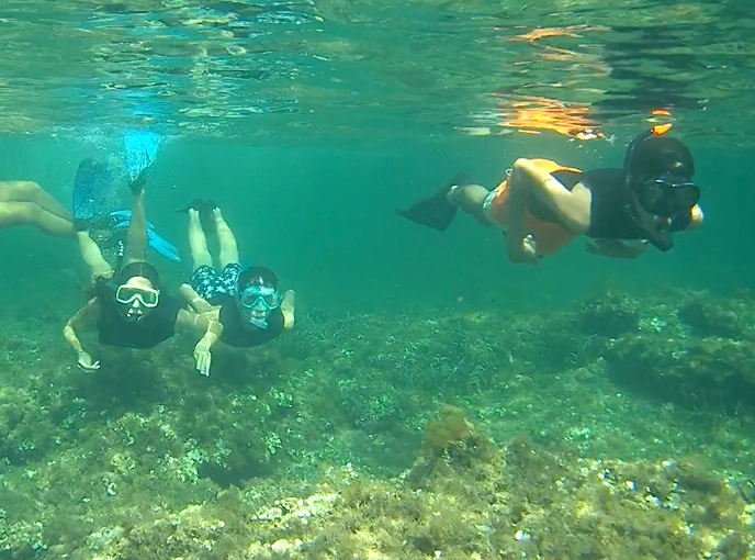 2_D Gruppo di ragazzi fa snorkeling in un’area marina protetta, esplorando i fondali tra alghe e rocce in acque cristalline.