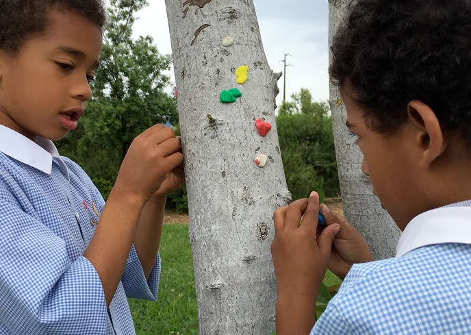 Due bambini in camice scolastico applicano piccoli elementi colorati su un tronco d’albero durante un laboratorio creativo di educazione ambientale all’aperto.