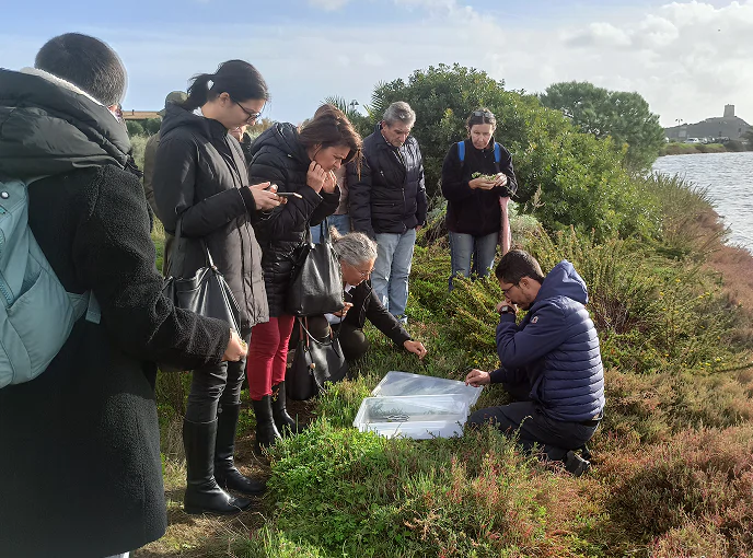 Un gruppo di persone osserva con attenzione un esperto durante un’attività di educazione ambientale sulla biodiversità costiera, accanto a uno stagno.